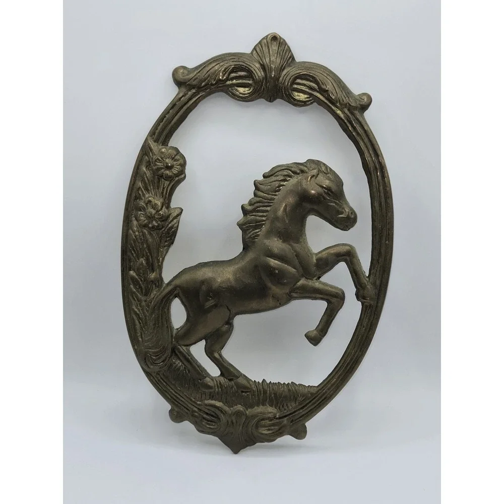 Vintage Solid Brass Rearing Horse Wall Plaque Hanging Equestrian Decor 1970s
